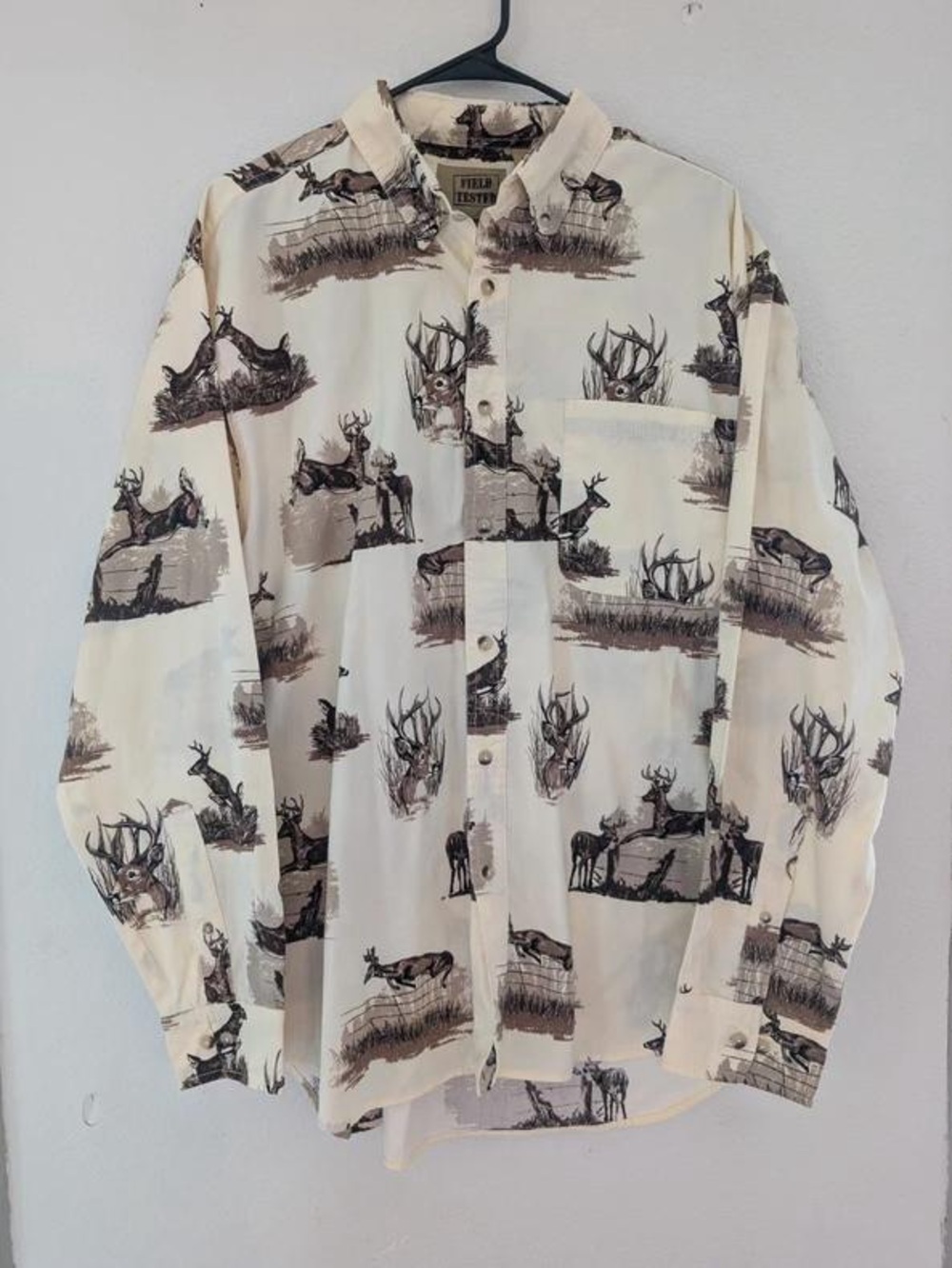 Field & Stream Cream Button-Up Shirt Jacket with Deer Scene Print